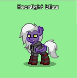 Size: 1242x1263 | Tagged: safe, oc, oc only, oc:moonlight bliss, bat pony, pony, pony town, bat pony oc, bat wings, clothes, ear fluff, ear tufts, fangs, folded wings, full body, green background, hoodie, shadow, simple background, smiling, socks, solo, standing, striped socks, tail, white mane, white tail, wings, yellow eyes