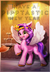 Size: 1162x1650 | Tagged: safe, artist:harwick, pipp petals, pegasus, pony, g5, my little pony: a new generation, happy new year, happy new year 2022, holiday, jewelry, raised hoof, serving tray, solo focus, tiara