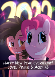Size: 2480x3508 | Tagged: safe, artist:ace play, pinkie pie, oc, oc:ace play, earth pony, pony, g4, 2022, blushing, canon x oc, caption, facial hair, female, fireworks, goatee, grin, happy new year, happy new year 2022, high res, holiday, looking at you, male, nervous, nervous smile, pinkieplay, selfie, shipping, smiling, snapchat, straight, sweat, text, wavy mouth