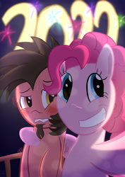 Size: 2480x3508 | Tagged: safe, alternate version, artist:ace play, pinkie pie, oc, oc:ace play, earth pony, pony, g4, 2022, blushing, canon x oc, facial hair, female, fireworks, goatee, grin, happy new year, happy new year 2022, high res, holiday, looking at you, male, nervous, nervous smile, pinkieplay, selfie, shipping, smiling, straight, sweat, wavy mouth