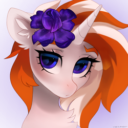 Size: 1700x1700 | Tagged: safe, artist:zlatavector, oc, oc only, oc:starry bluemoon, pony, unicorn, bust, commission, female, flower, flower in hair, mare, portrait, purple background, redhead, simple background, solo