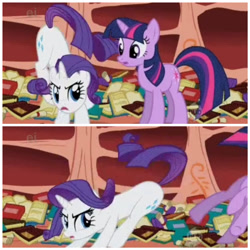 Size: 1920x1920 | Tagged: safe, edit, edited screencap, screencap, rarity, twilight sparkle, pony, unicorn, g4, season 1, sonic rainboom (episode), abuse, book, butt bump, comic, duo, duo female, ei, female, golden oaks library, mare, moments before disaster, now go on, screencap comic, twilybuse, unicorn twilight