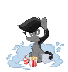 Size: 1141x1220 | Tagged: safe, artist:softpound, oc, oc only, oc:grey matter, earth pony, pony, chest fluff, cloud, food, pillow, popcorn, smiling, soda drink, solo, white pupils