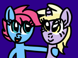 Size: 1024x768 | Tagged: safe, artist:danielthebrony57, baby cuddles, dinky hooves, earth pony, pony, unicorn, g1, g4, cuddlebetes, cuddledink, cute, dinkabetes, duo, duo female, eye clipping through hair, female, filly, foal, friends, g1 to g4, generation leap, hug, lesbian, magical friends, open mouth, open smile, purple background, shipping, side hug, simple background, smiling, talking
