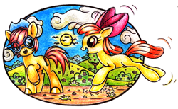 Size: 1024x630 | Tagged: safe, artist:purplescorpion187, apple bloom, prancy drew, earth pony, pony, g4, female, filly, foal, simple background, transparent background