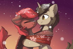 Size: 3000x2000 | Tagged: safe, artist:freeedon, oc, oc only, pegasus, pony, unicorn, clothes, eyes closed, female, high res, hug, male, mare, scarf, shared clothing, shared scarf, smiling, snow, snowfall, stallion