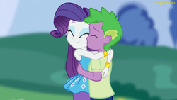 Size: 2160x1215 | Tagged: safe, artist:georgegarza01, rarity, spike, equestria girls, g4, bracelet, clothes, eyes closed, female, hug, human spike, jewelry, male, rarity peplum dress, ship:sparity, shipping, shirt, skirt, straight