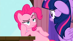 Size: 1920x1080 | Tagged: safe, screencap, pinkie pie, twilight sparkle, alicorn, earth pony, pony, a trivial pursuit, g4, season 9, 1080p, concerned, duo, duo female, female, floppy ears, hoof on hip, looking at each other, looking at someone, mane, mare, pinkie pie is not amused, twilight sparkle (alicorn), unamused