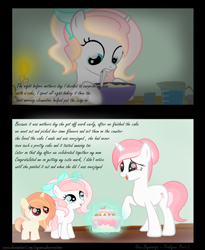 Size: 2304x2816 | Tagged: safe, artist:sugarcubecreationz, oc, oc:clementine, oc:sweetheart, oc:velvet rose, pony, unicorn, comic:slice of life, bow, cake, female, filly, foal, food, hair bow, high res, magic, mare