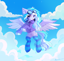 Size: 4848x4651 | Tagged: safe, artist:airiniblock, oc, oc only, oc:skydrive, pegasus, pony, rcf community, absurd resolution, clothes, cloud, flying, goggles, headphones, open mouth, pegasus oc, sky, socks, solo, striped socks