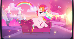 Size: 1929x1026 | Tagged: safe, butterfly, pony, unicorn, cloud, commercial, couch, dfs, mountain, pink, pony reference, pop culture, rainbow, tree