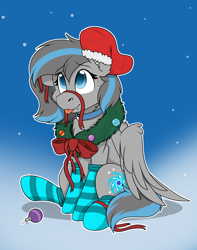 Size: 1744x2208 | Tagged: safe, artist:rokosmith26, oc, oc only, oc:mareana sweetie, bat pony, hybrid, pegasus, pony, bow, cheek fluff, chest fluff, christmas, christmas stocking, christmas wreath, clothes, commission, eye clipping through hair, eyebrows, eyebrows visible through hair, fangs, female, floppy ears, gradient background, holiday, hybrid oc, jewelry, looking up, mare, necklace, one ear down, pegasus wings, raised hoof, ribbon, sitting, smiling, socks, solo, striped socks, sweat, sweatdrop, tail, tongue out, wings, wreath, ych result, yin-yang