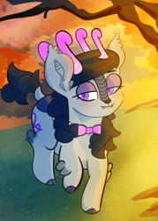 Size: 1551x2172 | Tagged: safe, artist:nannynonads, octavia melody, bat pony, deer, deer pony, hybrid, kirin, original species, g4, blushing, crepuscular rays, fangs, female, forest, forest background, horns, mare, scenery, solo