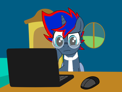 Size: 1024x768 | Tagged: safe, artist:1mber_angul, oc, oc only, oc:craft motion, alicorn, pony, computer, computer mouse, glasses, laptop computer, programming, sitting, solo, thinking