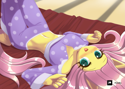 Size: 1407x1000 | Tagged: safe, artist:howxu, fluttershy, pegasus, anthro, unguligrade anthro, bed, belly button, breasts, clothes, cute, female, lying down, midriff, on back, open mouth, pajamas, shyabetes, solo