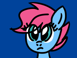 Size: 1024x768 | Tagged: safe, artist:danielthebrony57, baby cuddles, earth pony, pony, g1, g4, baby, baby pony, blue background, bust, cuddlebetes, cute, eye clipping through hair, female, filly, foal, frown, g1 to g4, generation leap, head, portrait, simple background, solo, thinking