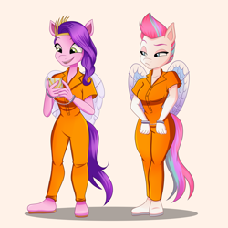 Size: 3000x3000 | Tagged: safe, artist:kefitani, pipp petals, zipp storm, pegasus, anthro, plantigrade anthro, g5, my little pony: a new generation, clothes, cuffed, excited, female, high res, phone, royal sisters (g5), siblings, sisters