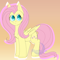 Size: 1440x1439 | Tagged: safe, artist:bluemoon, fluttershy, pegasus, pony, g4, aside glance, chest fluff, chromatic aberration, cute, female, folded wings, looking at you, mare, simple background, solo, standing, three quarter view, wings