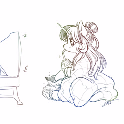 Size: 3000x3000 | Tagged: safe, artist:opalacorn, oc, oc only, pony, unicorn, blanket, drinking straw, high res, snacks, solo, television