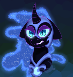 Size: 1303x1355 | Tagged: safe, artist:bluemoon, nightmare moon, alicorn, pony, g4, curved horn, floppy ears, horn, looking at you, solo, unamused