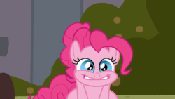 Size: 3840x2160 | Tagged: safe, artist:cozy cloud, derpibooru exclusive, edit, edited screencap, screencap, pinkie pie, earth pony, pony, a friend in deed, g4, season 2, animated, caption, gif, high res, invisible stallion, loop, out of context, smiling, smirk