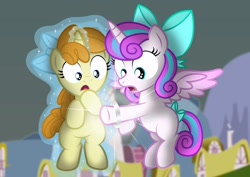 Size: 2938x2084 | Tagged: safe, artist:aleximusprime, princess flurry heart, pumpkin cake, pony, dream of alicornication, flurry heart's story, g4, bow, bracelet, cloud, dark clouds, duo, filly, filly flurry heart, floating, high res, jewelry, levitation, magic, older, older flurry heart, ponyville, safeguard bracelet, self-levitation, telekinesis, upgrade
