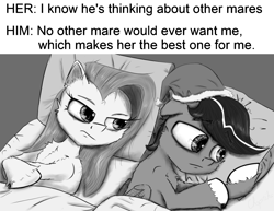 Size: 2000x1546 | Tagged: safe, artist:chopsticks, pinkie pie, oc, oc:chopsticks, earth pony, pegasus, pony, comic:wtb is this?, g4, bed, canon x oc, chest fluff, ear fluff, female, hat, he's probably thinking about other girls, husband and wife, lying down, male, meme, monochrome, nightcap, pillow, pinkamena diane pie, ponified meme, straight, text, unshorn fetlocks