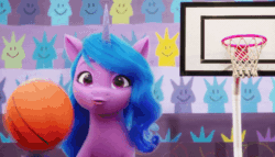 Size: 700x400 | Tagged: safe, edit, edited screencap, screencap, izzy moonbow, pony, unicorn, g5, my little pony: a new generation, spoiler:my little pony: a new generation, animated, animation error, basketball, basketball net, cropped, female, fit right in (g5), gif, mare, missed, slow motion, sports