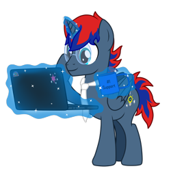 Size: 1600x1600 | Tagged: safe, artist:1mber_angul, oc, oc only, oc:craft motion, alicorn, pony, bowl, check, computer, laptop computer, magic, necktie, png, pose, programming, render, simple background, solo, support, transparent background