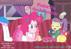 Size: 1024x703 | Tagged: safe, artist:osiel-alex, lily pad (g4), pinkie pie, equestria girls, g4, my little pony equestria girls: better together, pinkie sitting, barefoot, clothes, deviantart watermark, duo, eyes closed, feet, female, fingers, foot tickling, ipad, laughing, obtrusive watermark, open mouth, shoes, shoes removed, tickling, watermark