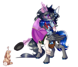 Size: 2235x1911 | Tagged: safe, artist:honeybbear, oc, oc only, pegasus, pony, rabbit, unicorn, animal, clothes, female, magic, male, mare, pan, simple background, stallion, transparent background