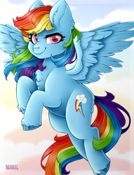 Size: 1920x2510 | Tagged: safe, artist:sk-ree, rainbow dash, pegasus, pony, g4, cloud, ear fluff, fangs, female, flying, looking at you, mare, sky, smiling, solo, unshorn fetlocks