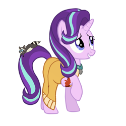 Size: 1378x1378 | Tagged: safe, artist:sunmint234, starlight glimmer, pony, raccoon, unicorn, g4, blue eyes, clothes, crossover, disney, disney princess, dress, hair, looking up, outfit, pocahontas, purple, red, simple background, solo, spoilers for another series, white background