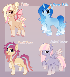 Size: 1720x1900 | Tagged: safe, artist:luminousdazzle, oc, oc only, bat pony, earth pony, pegasus, pony, unicorn, adoptable, coat markings, female, flower, flower in hair, jewelry, looking at you, mare, markings, necklace, simple background, smiling, smiling at you, socks (coat markings)