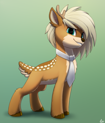 Size: 1700x2000 | Tagged: safe, artist:luminousdazzle, oc, oc:deeraw, deer, antlers, chest fluff, cloven hooves, looking at you, markings, necktie, simple background, smiling, smiling at you