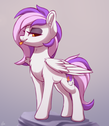 Size: 2000x2300 | Tagged: safe, artist:luminousdazzle, oc, oc only, oc:mewio, pegasus, pony, :p, eyeshadow, female, gradient background, high res, lidded eyes, looking at you, makeup, mare, pegasus oc, smiling, smiling at you, smirk, solo, tongue out