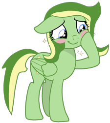 Size: 1044x1160 | Tagged: safe, artist:didgereethebrony, artist:klewgcg, oc, oc only, oc:boomerang beauty, pegasus, pony, :t, base used, blush sticker, blushing, cute, female, floppy ears, folded wings, full body, hoof on cheek, hooves, mare, ocbetes, pegasus oc, simple background, smiling, solo, standing, tail, trace, transparent background, two toned mane, two toned tail, wings