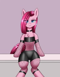 Size: 1400x1800 | Tagged: safe, artist:zachc, pinkie pie, earth pony, pony, g4, belly, choker, clothes, concave belly, female, fishnet clothing, looking at you, pinkamena diane pie, slender, solo, thin