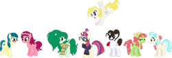 Size: 1280x436 | Tagged: safe, artist:victorfazbear, coco pommel, gloriosa daisy, juniper montage, moondancer, raven, surprise, tree hugger, wallflower blush, earth pony, pegasus, pony, unicorn, equestria girls, equestria girls specials, g4, my little pony equestria girls: better together, my little pony equestria girls: forgotten friendship, my little pony equestria girls: legend of everfree, my little pony equestria girls: mirror magic, clothes, collar, earth pony gloriosa daisy, earth pony juniper montage, earth pony wallflower blush, equestria girls ponified, female, floral head wreath, flower, flying, glasses, group, mare, ponified, simple background, standing, stock vector, sweater, transparent background, vector