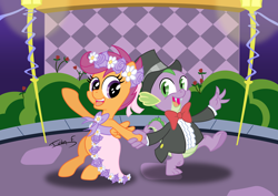 Size: 3508x2481 | Tagged: safe, artist:memprices, scootaloo, spike, dragon, pegasus, pony, a canterlot wedding, g4, bipedal, clothes, dancing, dress, female, filly, flower filly, flower girl, flower girl dress, foal, hat, high res, male, request, requested art, ship:scootaspike, shipping, straight, suit, top hat, tuxedo, vector