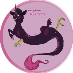 Size: 1280x1280 | Tagged: safe, artist:laya_panda, oc, oc:conspicuous confetti, hybrid, grin, horn, interspecies offspring, offspring, parent:discord, parent:tempest shadow, parents:tempestcord, sharp nails, smiling