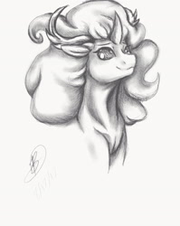 Size: 1628x2048 | Tagged: safe, artist:ask-y, oc, oc only, oc:callisto, changepony, hybrid, pony, unicorn, bust, grayscale, horn, interspecies offspring, monochrome, offspring, parent:princess luna, parent:thorax, parents:thuna, simple background, smiling, solo, traditional art, unicorn oc, white background