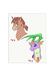 Size: 1536x2048 | Tagged: safe, artist:ask-y, oc, oc only, hybrid, pony, unicorn, bust, duo, horn, interspecies offspring, magical gay spawn, male, offspring, parent:spike, parent:thorax, parents:thoraxspike, simple background, stallion, traditional art, transparent background, unicorn oc