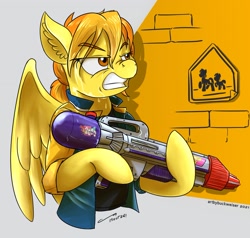 Size: 1920x1825 | Tagged: safe, artist:buckweiser, spitfire, pegasus, semi-anthro, firestarter spitfire, g4, arm hooves, commission, female, solo, super soaker, watergun, wings, ych result