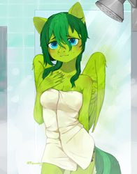 Size: 1800x2300 | Tagged: safe, artist:qawakie, oc, oc only, oc:evergreen feathersong, pegasus, anthro, blushing, clothes, commission, female, indoors, naked towel, pegasus oc, shower, solo, towel, wings, ych result