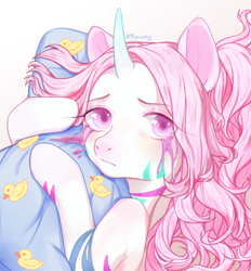 Size: 1300x1400 | Tagged: safe, artist:qawakie, oc, oc only, pony, unicorn, crying, female, horn, hug, makeup, mare, pillow, pillow hug, running makeup, simple background, solo, unicorn oc, white background