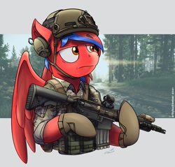 Size: 1898x1812 | Tagged: safe, artist:buckweiser, oc, oc only, oc:ivory flare, pegasus, pony, american flag, carbine, clothes, commission, escape from tarkov, female, gun, m4, mk18, reflex sight, rifle, solo, weapon, ych result