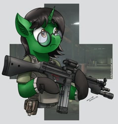 Size: 1920x2009 | Tagged: safe, artist:buckweiser, oc, oc:ambitious gossip, pony, unicorn, commission, female, glasses, gun, mp5, solo, submachinegun, weapon, ych result
