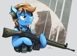 Size: 1920x1400 | Tagged: safe, artist:buckweiser, oc, oc:wild wheels, earth pony, pony, commission, g3a3, gun, headset, male, rifle, solo, weapon, ych result