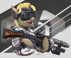 Size: 1920x1555 | Tagged: safe, alternate version, artist:buckweiser, oc, oc:venseyness, pony, unicorn, commission, gasp, h3vr, half-life, male, pulse rifle, solo, sustenance ar3, vr headset, ych result